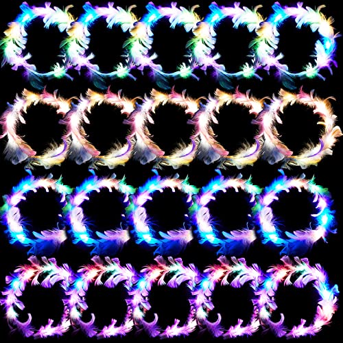 Taiyin 20 Pieces LED Feather Crown Headband Colorful Light up Headband Luminous Flower Crowns for Women Hair Accessories for Halloween, Birthdays, Christmas, Role Playing Party Gift (Colorful)