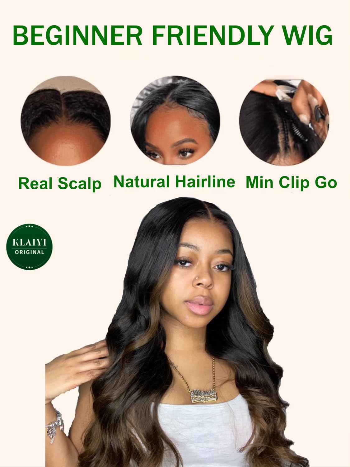 KLAIYI Ombre Brown V Part Wig Body Wave Human Hair Upgrade U Part Wig with Dark Roots Glueless Chestnut Brown Clip in Half Wig No Glue No Leave Out Beginner Wigs for Women Wear and Go Wig 150% 16Inch