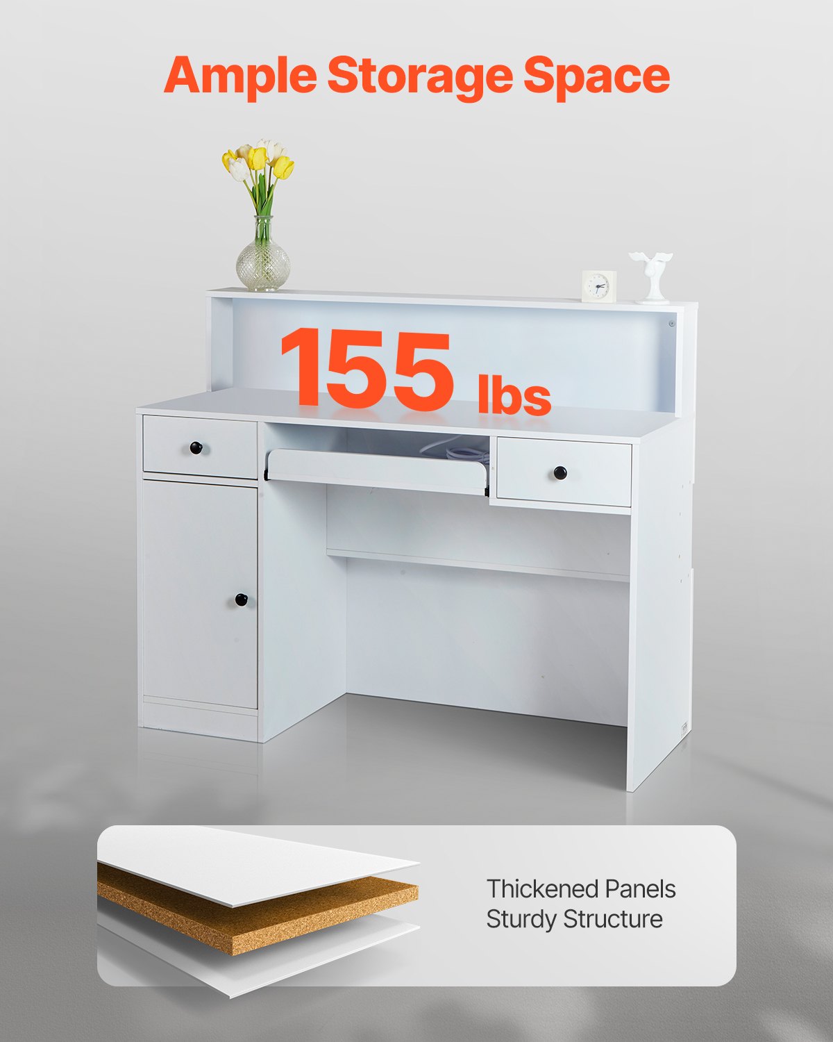 Reception Desk with LED Light - 47 Inch White Office Counter Table