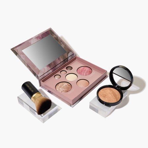 LAURA GELLER NEW YORK Baked Starter Kit: Baked Balance-n-Brighten Powder Foundation, Golden Medium and Best of the Best Palette Blush Bronzer Highlighter Eyeshadow and Retractable Kabuki Brush