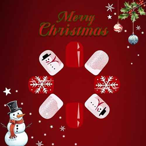 24Pcs Christmas Red Press on Nails Short Square Fake Nails with Silver Glitter Snowman Design Glossy Cute Christmas Nails Full Cover Stick on Nails Halloween Glue on Nails for Women Nail Art DIY