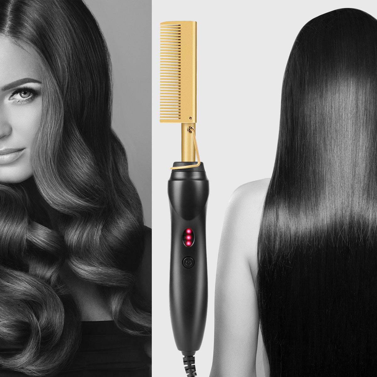 Electric Hot Comb for Hair Straightening & Curling - Wet & Dry Use, Black