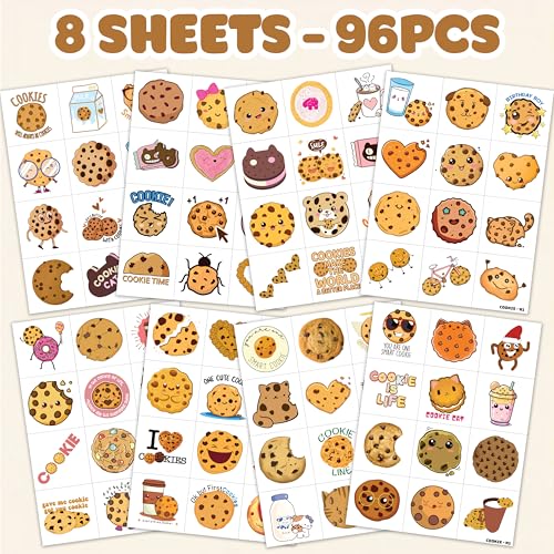 96PCS Cookie Pre-Cut Temporary Tattoos 8 Sheets 96PCS Milk and Cookies Party Decorations Supplies Favors Candyland Theme Birthday Cute Stickers Christmas Gifts for Boys Girls Class School Prizes