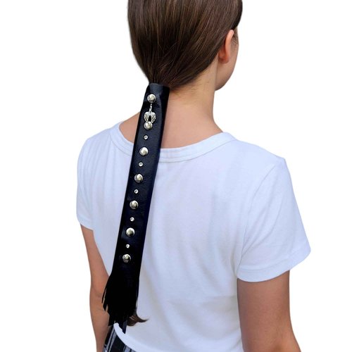 BLACK 18" inch Genuine Leather Motorcycle Hair Wrap for Long Hair - Handmade Ponytail Sleeve Long Hair Protector & Saver | Biker Hair Tie Helmet Accessory | Made in USA (18 inch, No Fringe)