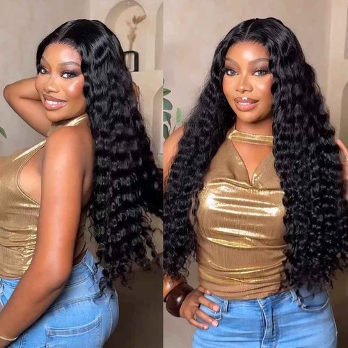 Espive 13x6 Deep Wave Lace Front Wigs Human Hair 200 Density HD Lace Frontal Wigs Glueless Curly Wigs Human Hair Pre Plucked with Baby Hair Wet And Wavy Wigs for Black Women 32inch (Black, 32IN)