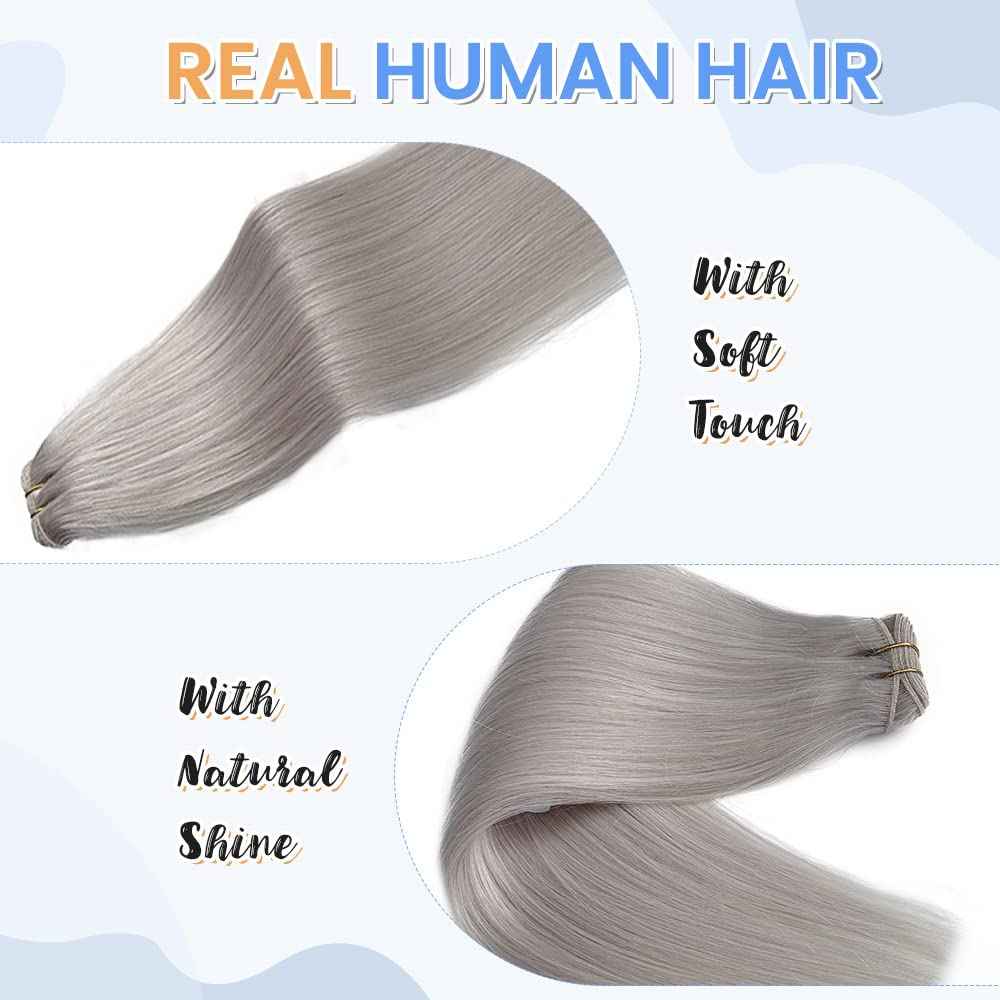 24Inch Silver Grey Human Hair Bundles 120Gram 100% Brazilian Silky Straight Sew in Extensions Double Weft Grey Human Hair Bundles for Women Hand Tied Weft Hair Extensions Silver Sew in Hair Bundles