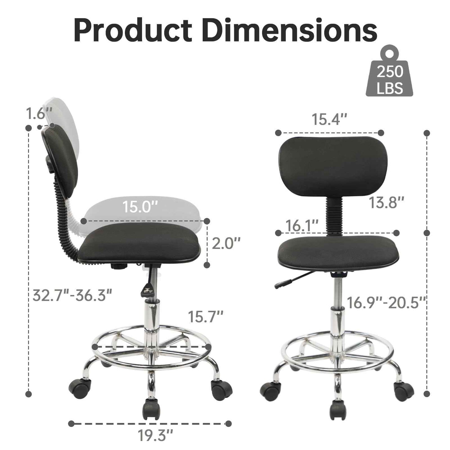 KLASIKA Low Wide Rolling Swivel Stool with Backrest, Adjustable Height Salon Chair Stools with Footrest for Spa Tattoo Office Desk Massage Task Lash Barber Facial, Black 1PK