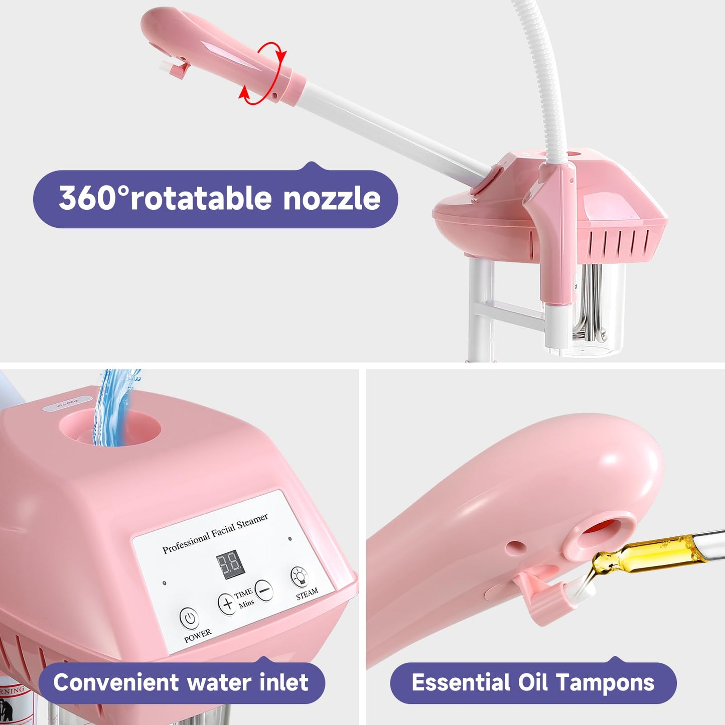 Professional Facial Steamer, 2In1 Face Steamer on Wheels for Facial Deep Cleaning, SPA Facial Steamer for Esthetician with 5X Magnifying Lamp, Stand Face Steamer with Time Setting, Pink