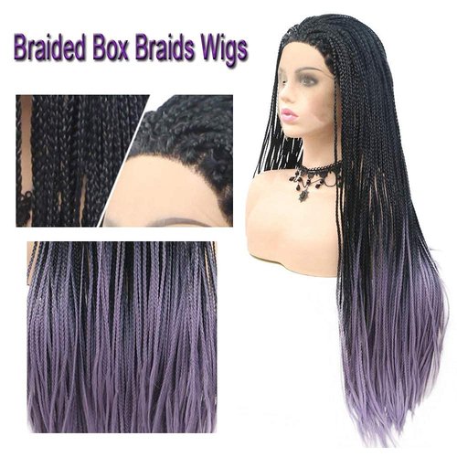 Braided Wigs Long Black Purple Lavender Box Braided Lace Front Wig for African American Women Free Part Soft Natural Hairline Realistic Drag Queen Wigs Festival Holiday Cosplay Daily 26 Inch