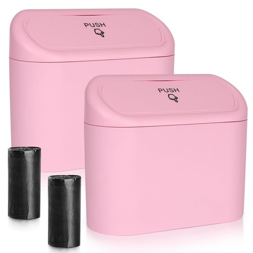 Accmor Car Trash Can with Lid, 2 Pack Pink Mini Vehicle Trash Bin Dustbin Garbage Organizer Holder with Trash Bag, Small Hanging Leakproof Auto Storage Bag Container for Car SUV Home Office