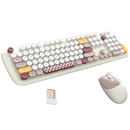 2.4G Full-Size Wireless Keyboard and Mouse Combo, Multi-Color Typewriter Style Round Keycap, Cute Candy Colors, Compatible with Notebook, PC (Milk Tea)