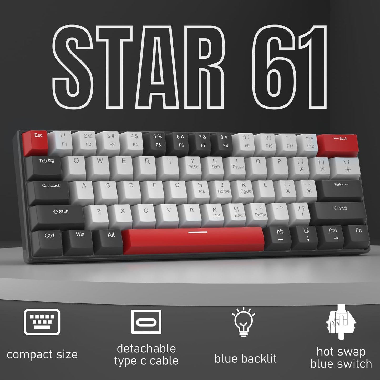 60% Mechanical Gaming Keyboard, White Gaming Keyboard with Red Switches, Detachable Type-C Cable Mini Keyboard with Blue LED Light for/PC/Laptop