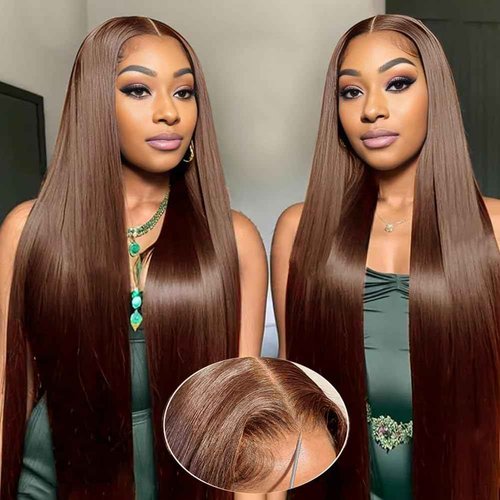 FTQZKEY 28 Inch 7x5 Brown HD Lace Closure Wigs Human Hair 220 Density Wear and Go Glueless Wigs Human Hair Pre Plucked Pre Cut with Bleached Knots Brown Straight Hair for Beginners