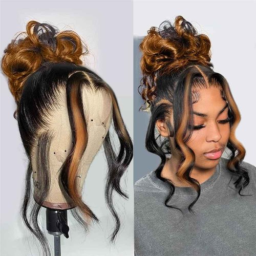 Nicy 360 Transparent Lace Body Wave Wig Remy Human Hair Updo Pre Plucked Glueless Frontal Wigs Hair Extrenstion with Baby Hair (30 highlight wave, 18inch)