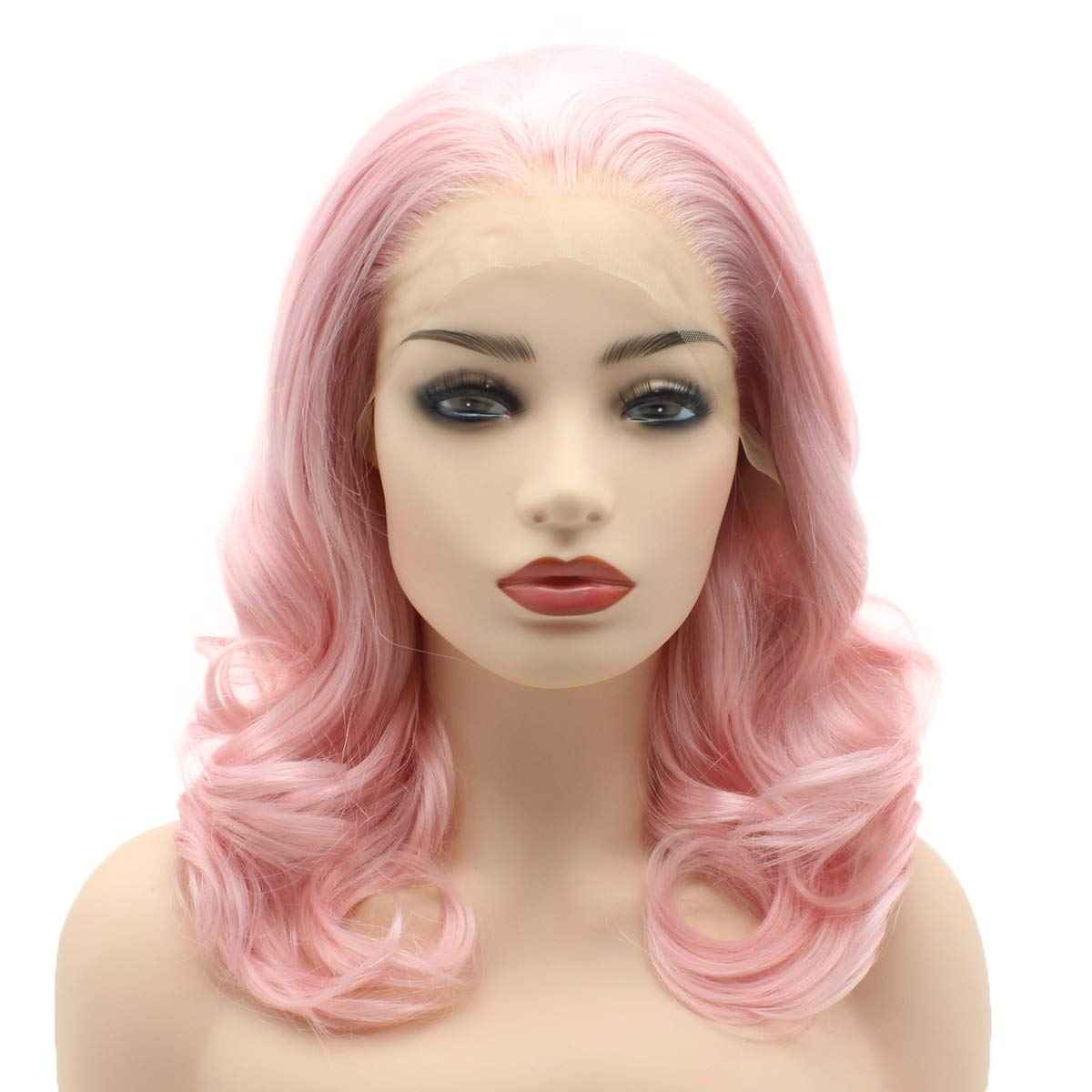 Meiyite Hair Wavy Shoulder Length 16inch Pink Heavy Density Heat Friendly Synthetic Lace Front Wigs