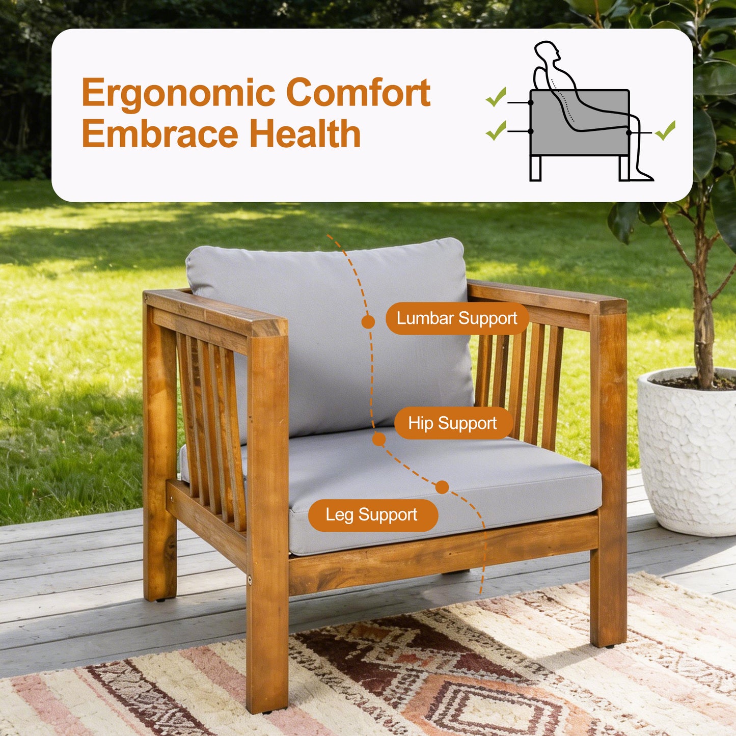 Outdoor Acacia Wood Club Chair With Modern Square Arms, Patio Thick