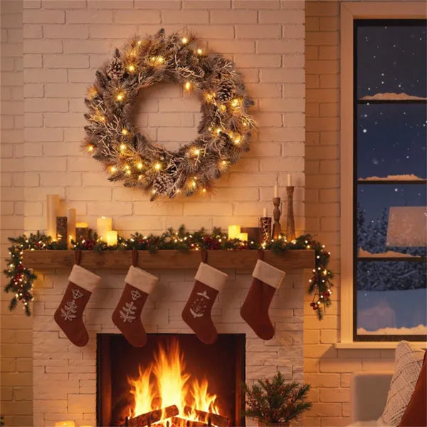 24" Pre-Lit Christmas Wreath with 35 Warm White LEDs and Pine Cones
