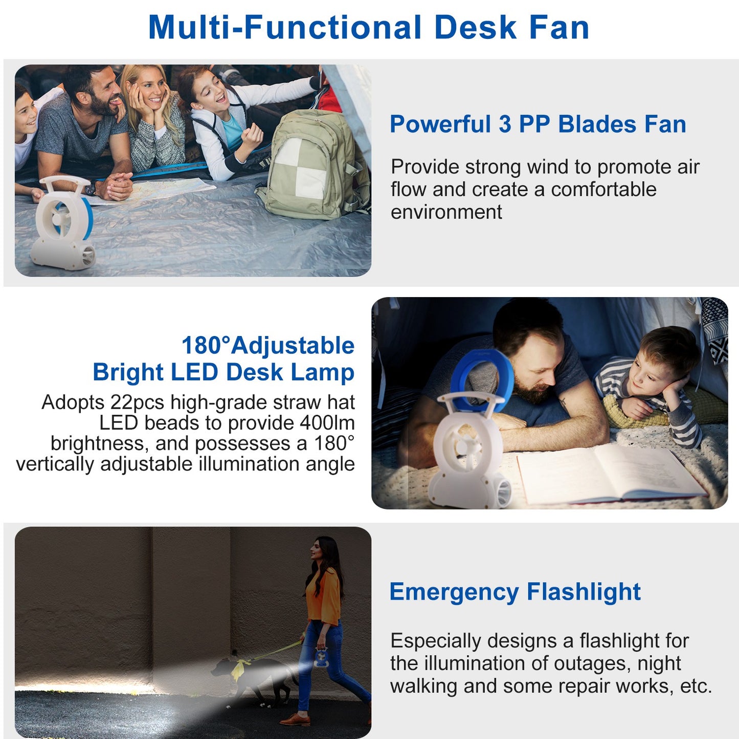 Multi-Functional Desk Fan with 180° Adjustable LED Lamp and Flashlight
