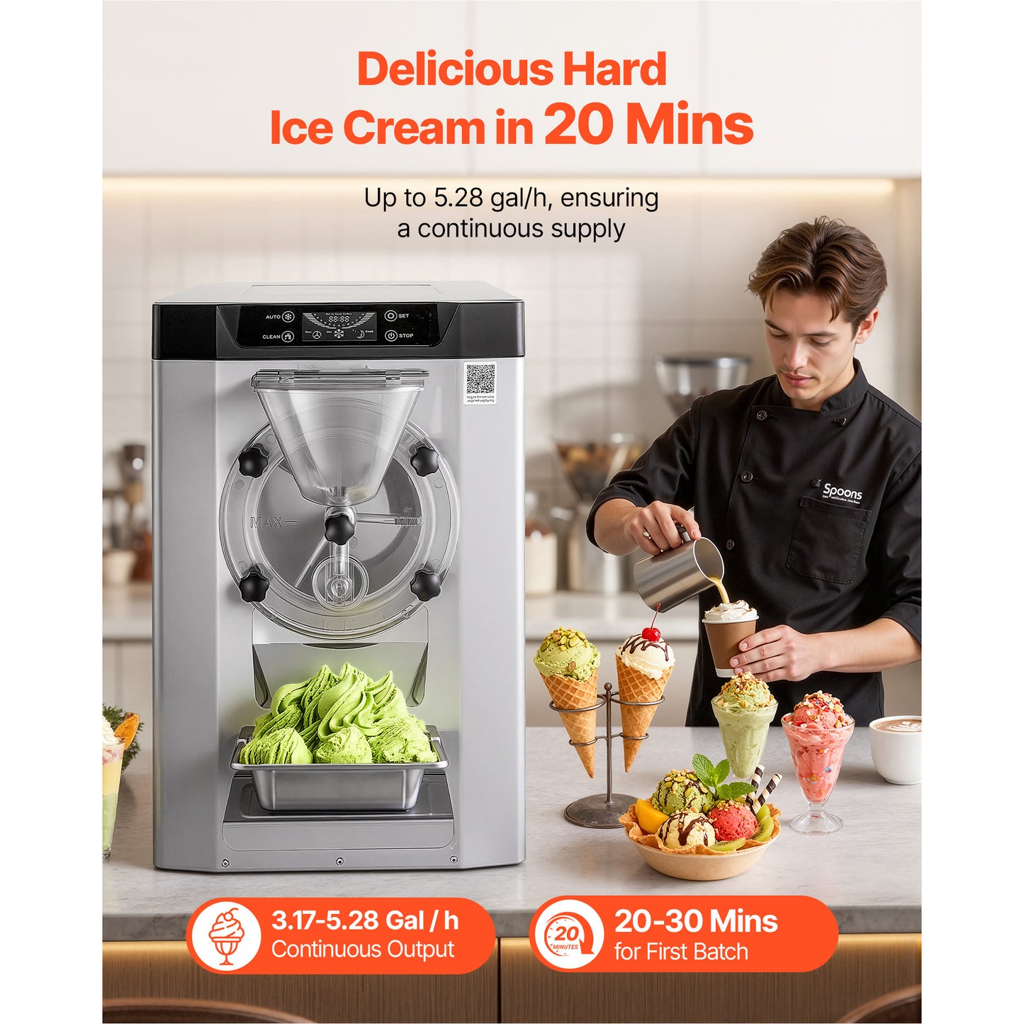 Commercial Hard Ice Cream Machine 2000W 3.17-5.28 Gal/hr Stainless Steel Countertop Gelato Maker with Auto Clean LED Panel for Restaurants