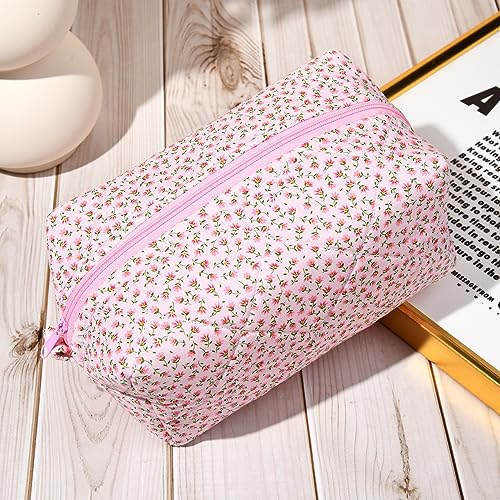 SOIDRAM Quilted Makeup Bag Floral Cosmetic Bag Puffy Coquette Makeup pouch Aesthetic Cute Pink Travel Toiletry Bag Organizer cotton Makeup Brushes Storage Bag for Women
