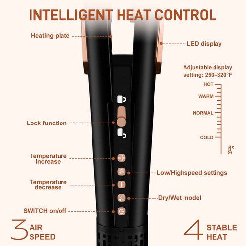 Prostyle 2-in-1 Hot Air Straightening Brush - Fast Wet-to-Dry Styler, 320°F Adjustable LCD + Auto Off & Ionic Protection for Smooth Frizz-Free Hair (Matte Black)