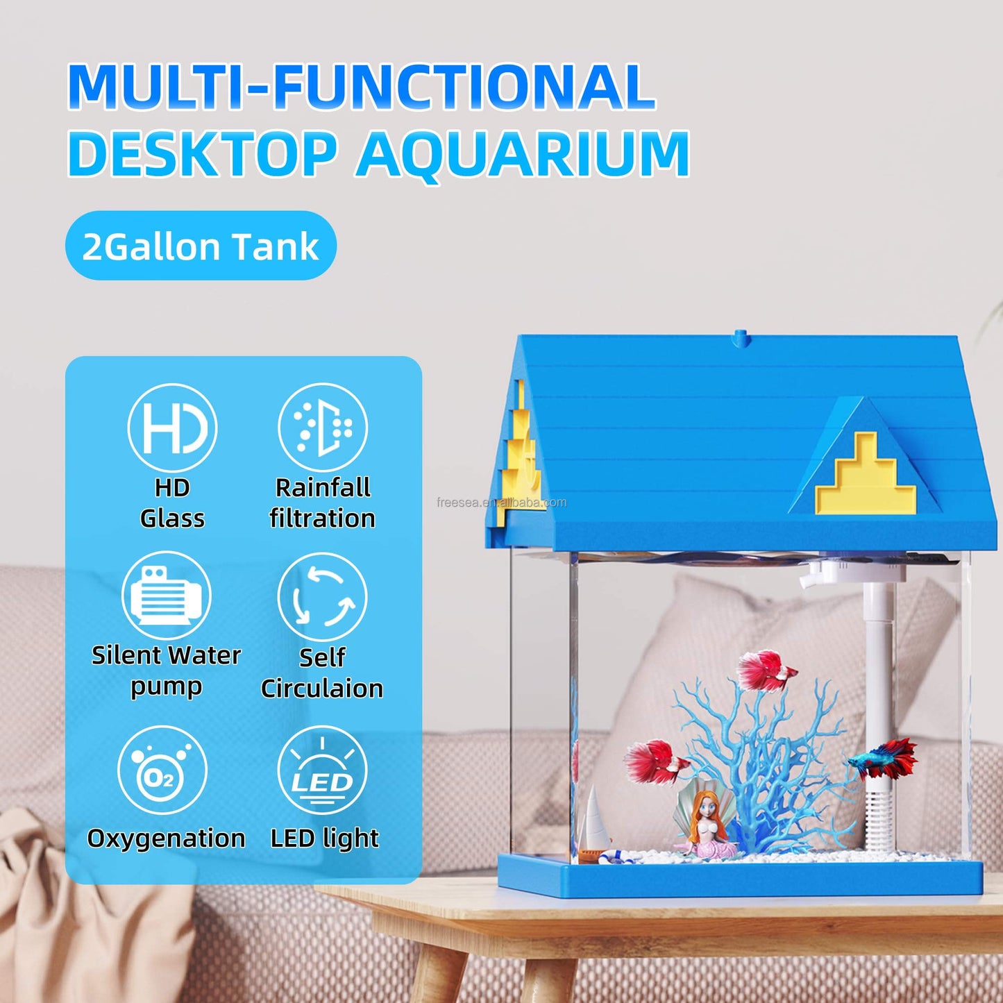 2-Gallon Acrylic Fish Tank with Filtration & Lighting - Suitable for Shrimp, Goldfish & More - Blue