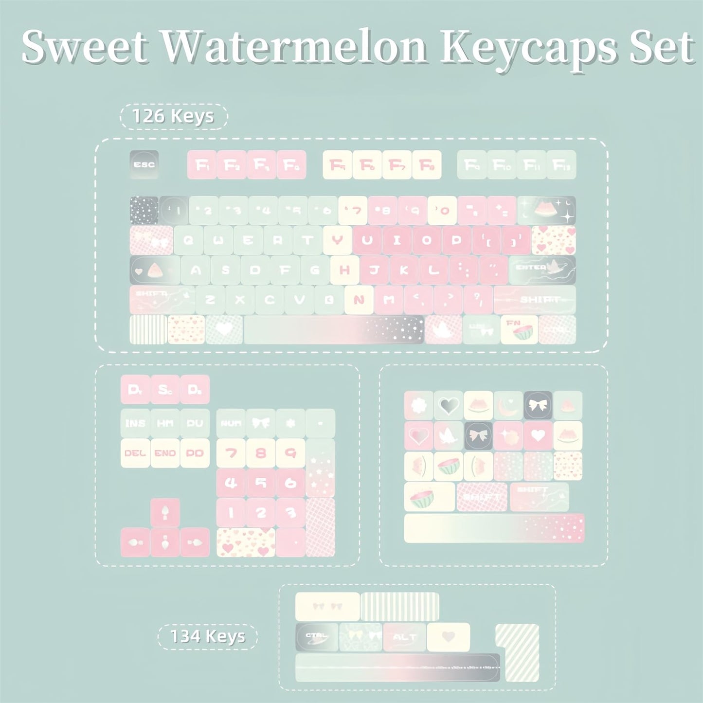 ZMX Cute MOA Keycaps,Gradient Pink Kawaii Round Keycaps Custom 126 Keys Keycap Set Thick PBT Keycap for Cherry MX Switch 75% 60% Mechanical Gaming Keyboard Creamy Watermelon Key Cap