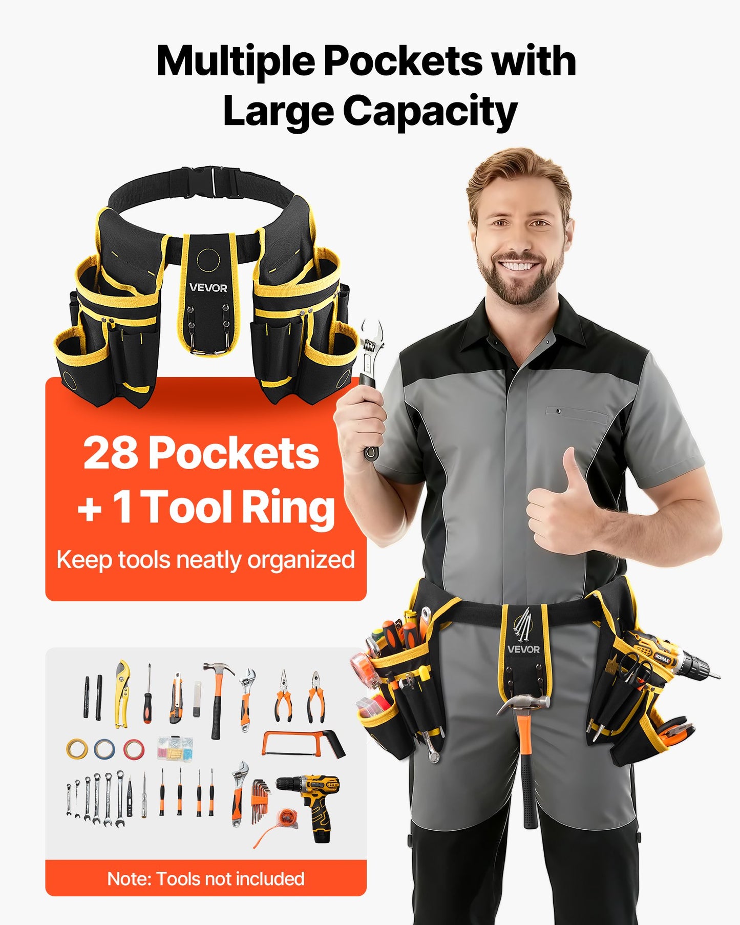 Magnetic Tool Belt with 28 Pockets Heavy Duty Adjustable Work Organizer for Construction & Carpentry