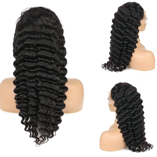 13x4 Lace Front Wigs Human Hair 200 Density Deep Wave Wigs Pre Plucked with Natural Baby Hair for Women HD Transparent Lace Frontal Wigs Brazilian Virgin Deep Curly Wigs Natural Hairline 18 inch