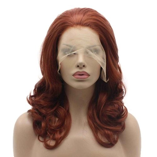 Lace Front Synthetic Medium Length 16inch Burgundy Heat Resistant Heavy Density Realistic 。