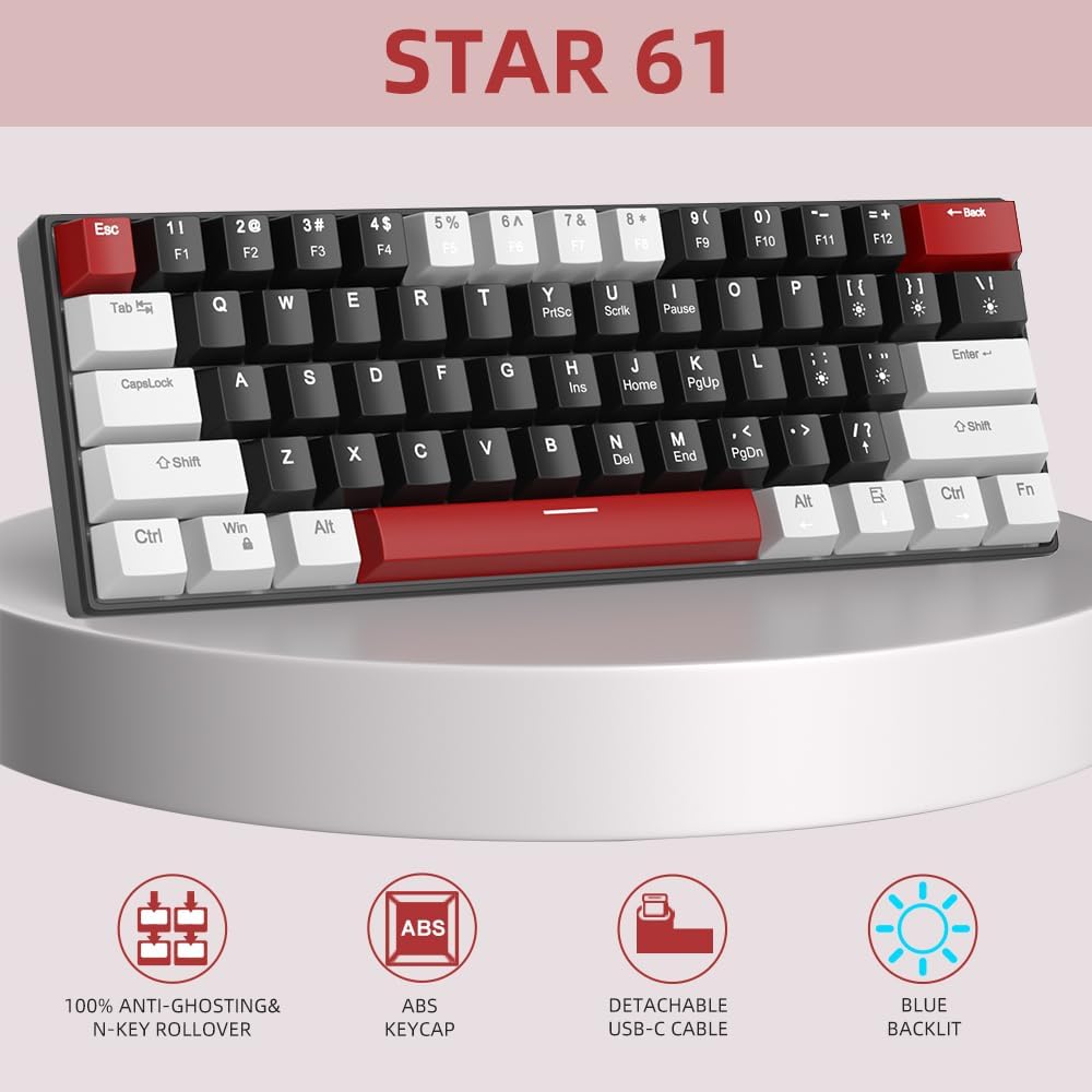 60% Mechanical Gaming Keyboard, White Gaming Keyboard with Red Switches, Detachable Type-C Cable Mini Keyboard with Blue LED Light for/PC/Laptop