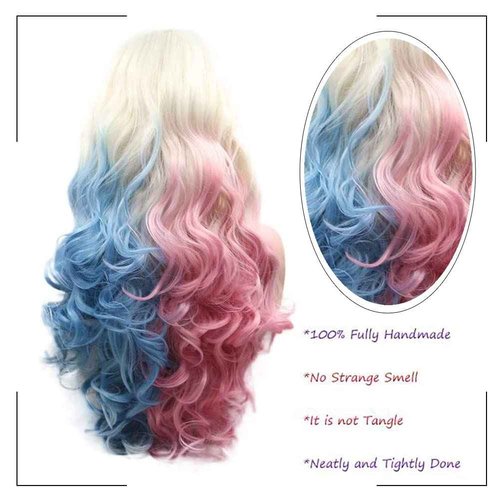 Angle Lucky Cosplay Colorful Wig for Women Synthetic Lace Front Wig Long Wavy Blonde Omber Pink Blue Glueless Wig Heat Resistant Fiber Drag Queen Party Wigs 24Inch