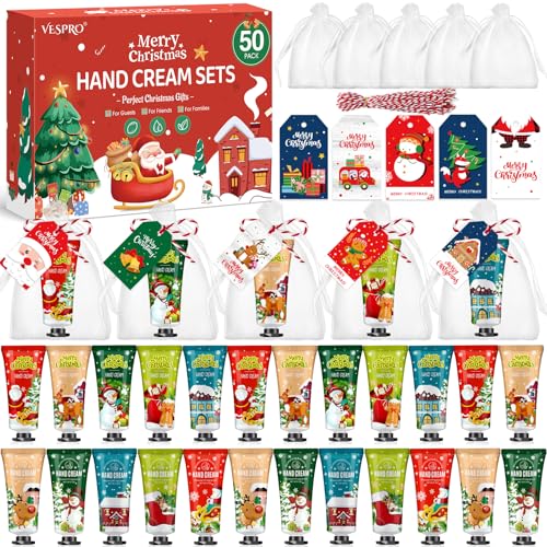 VESPRO 50 Sets Christmas Hand Cream Gift for Women, Hand Lotion for Christmas Party Favors with Christmas Cards and Organza Gift Bags, Christmas Decorations and Stocking Stuffers Gifts for Women