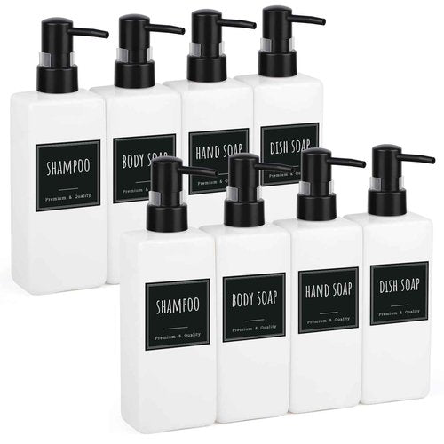 Segbeauty Hand Dish Soap Dispenser Set, Pack of 8 Modern Soap Dispenser Bathroom, 500ml 16.9oz Refillable Shampoo and Conditioner Bottles with Waterproof Labels, Shampoo Containers for Shower Wash
