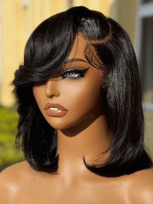UNICE 12 inches Short Bob Wig human Hair with Blow Out Bangs 4X4 Lace Glueless Wigs Human Hair Pre Plucked Bleached Knots Pre Cut Lace Ready to Wear Wig