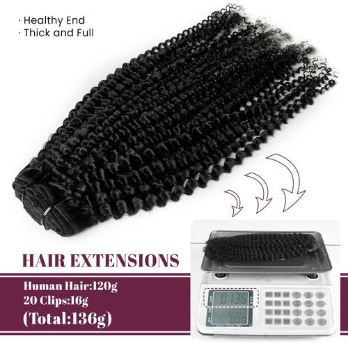 KRN Clip in, 136g 8 pcs Kinky Curly Human Hair Extensions Clip ins for Black Women 12A Natural Black Real Hair Extensions Clips in Human Hair with 20 Clips Easy to Wear 20 Inch