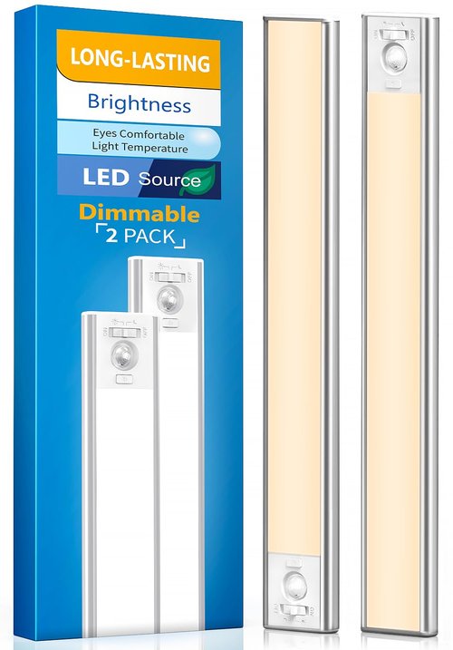 Under Cabinet Lighting, LED Motion Sensor Light Indoor, 2200mAh USB Rechargeable Closet Lights Battery Operated, Stick On Magnetic Wireless Dimmable Under Counter Lights for Kitchen, Stairs (2 Pack)