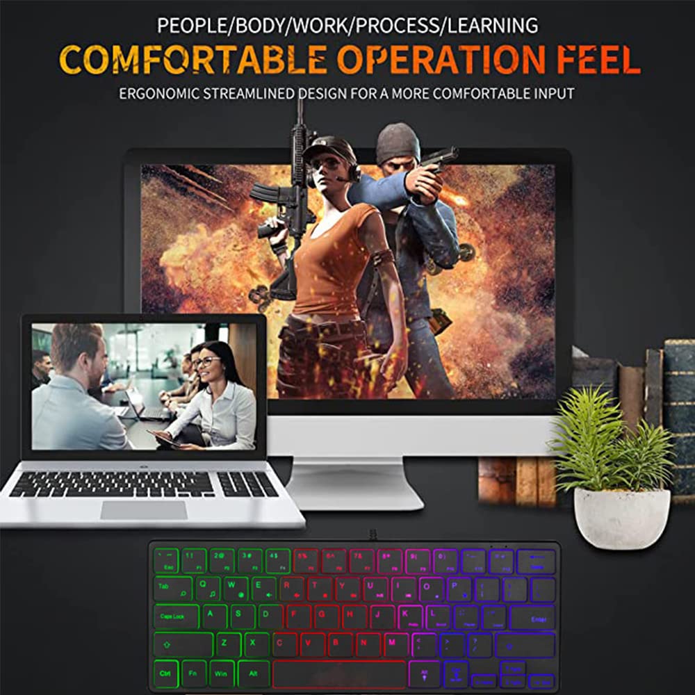 abucow Backlit Mini Keyboard USB Wired Portable Mute Ultra-Compact Small Gaming Keyboard 64 Keys for PC/Mac Gamer Typist Travel Easy to Carry on Business Trip