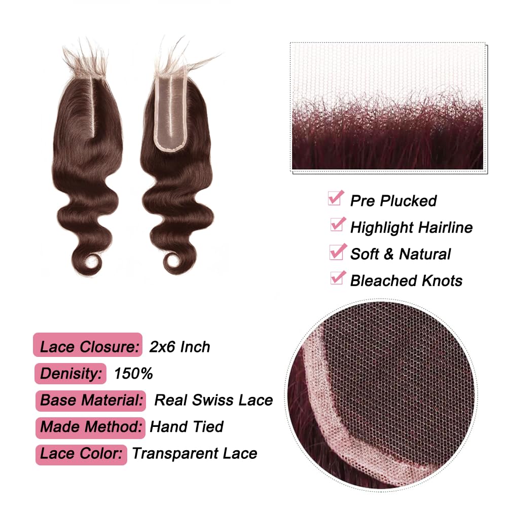 #4 Brown Human Hair Closure Transparent Lace 2x6 Brown Body Wave Closure Pre Plucked Deep Part 100% Unprocessed Human Virgin Hair Wet And Wavy 18 Inch