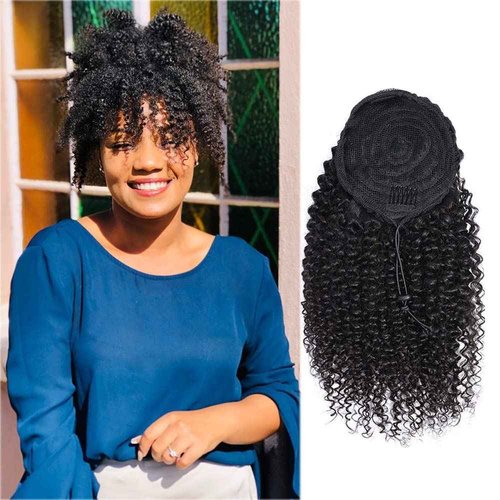 FEIPRO Curly Ponytail Extension for Black Women Real Human Hair Natural Drawstring Ponytails Hair Pieces African American Girls Curly Hair Extensions 16 Inch #1B Natural Black