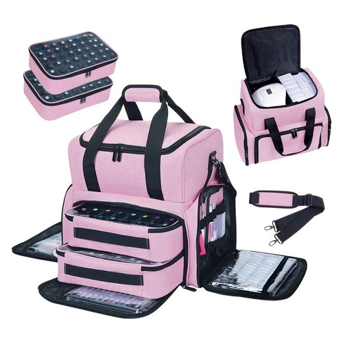 YAHOURWAT Nail Polish Organizer Case Holds 80 Bottles (15ml - 0.5 fl.oz) and a Nail Lamp,Nail Polish Case with 2 Removable Bags and Tools Storage Sections Pink