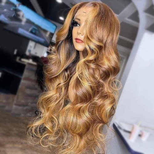 Aorbige Body Wave Style Highlight Ombre Lace Frontal Wig Human Hair Wigs #4/27 Brown with Honey Blonde Color for Black Women Pre Plucked Hairline 180% Density (24inch, 13x6 Lace Front Wig)