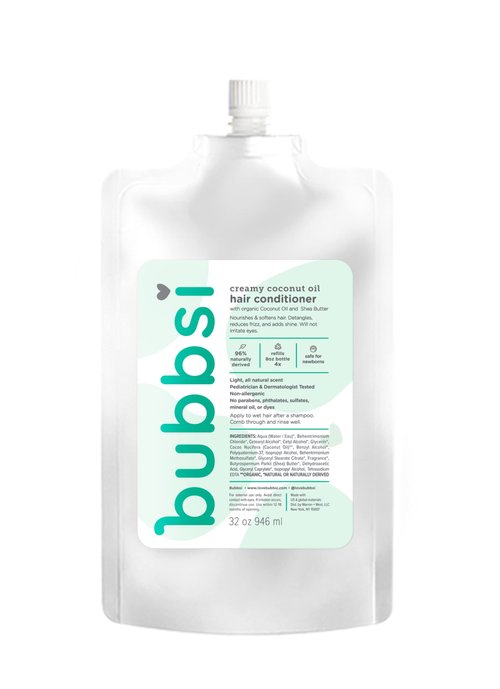 Bubbsi Creamy Coconut Oil Hair Conditioner for Kids, Baby | Light Natural Scent | Won't irritate eyes | Organic Coconut Oil + Shea | Sulfate-free, Nourishing | Curly or Dry Hair (Refill Pouch, 32oz)