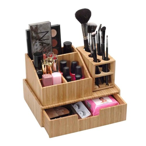 MobileVision Bamboo Makeup Organizer Complete Combo Which INCLUDES: 5 Section Brush Holder, 4 Compartment Cosmetic Caddy & Drawer for added extra storage space