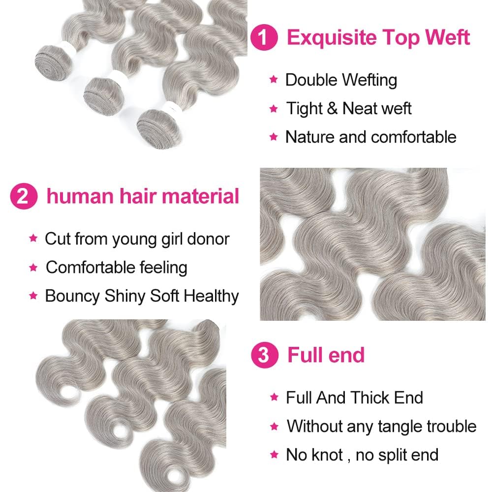 Giginger Bundles Human Sliver GREY 18 20 22 inch Body Wave Human Hair Bundles Unprocessed Quick Weave Soft Sewn In Hair Extensions for Black Women