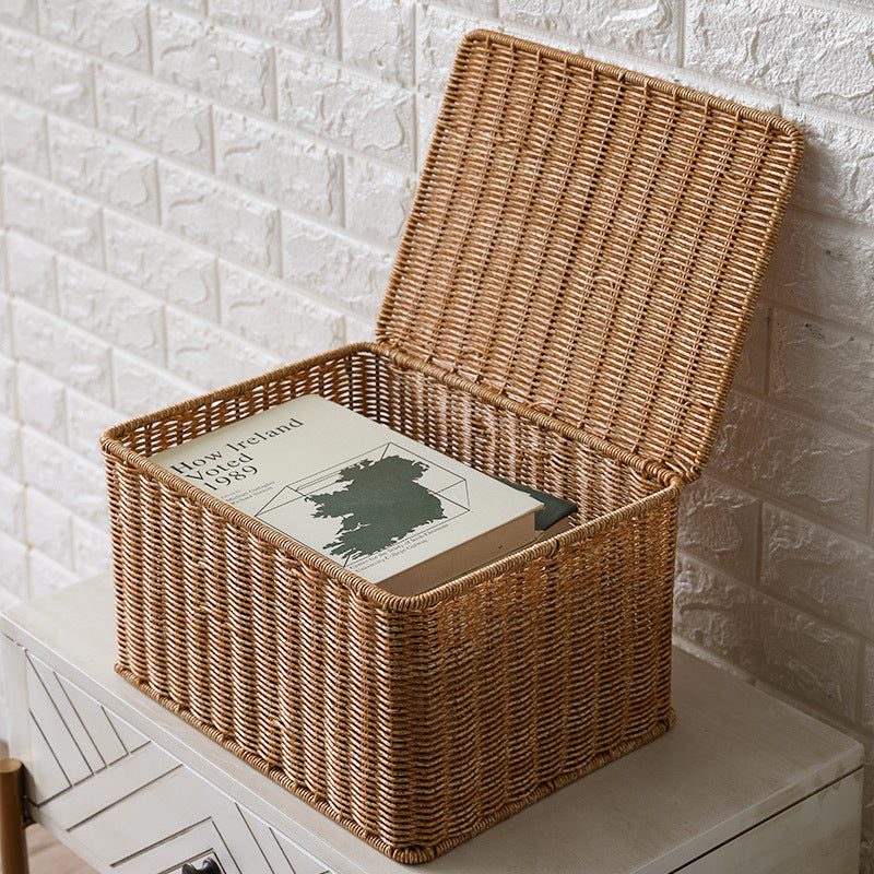 Rattan Woven Storage Basket with Lid - Large Home Organization Bin