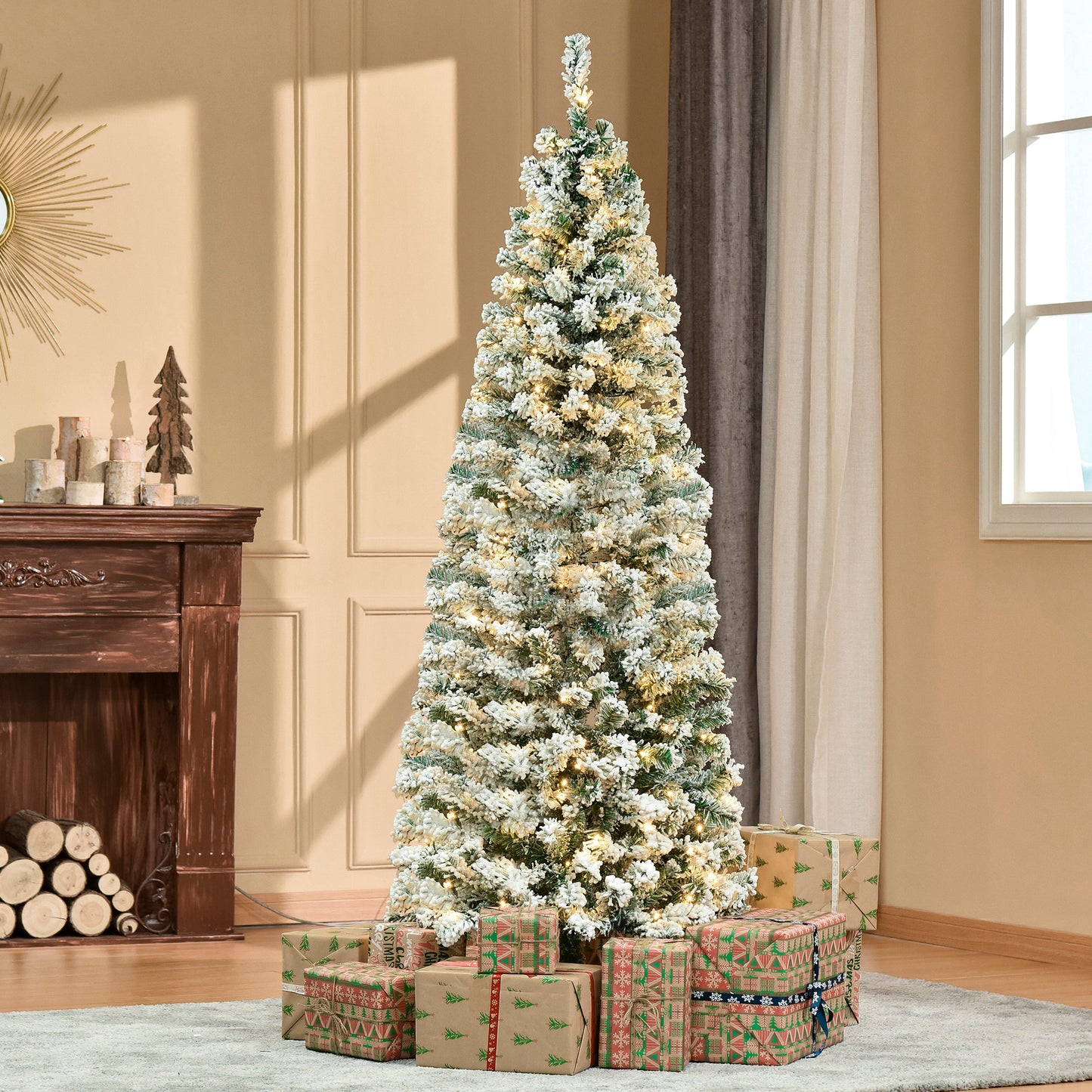 6ft Pre-Lit Snow-Flocked Slim Artificial Christmas Tree - Green