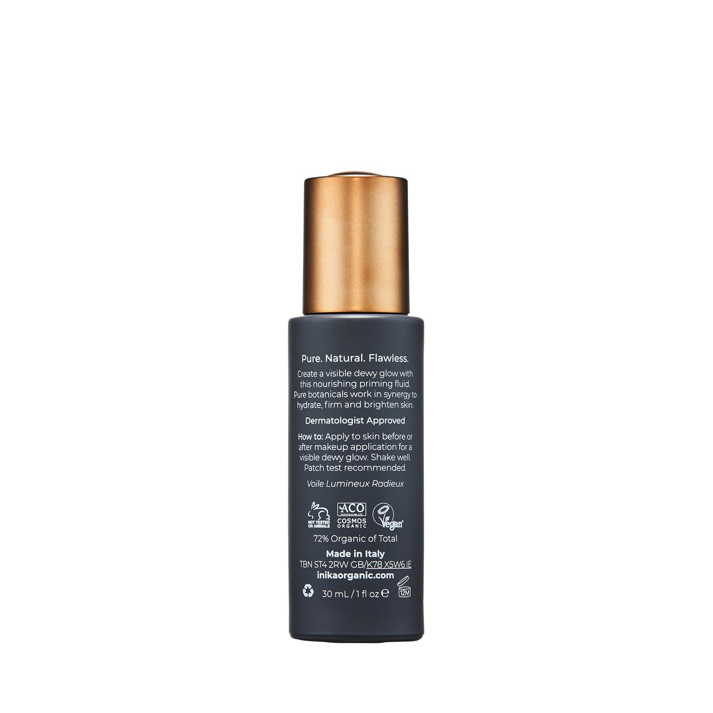 INIKA Organic Radiant Glow | Illuminate & Prime. Dewy, radiant Finish. Beautifying Primer, Nourishing Moisturiser, Finishing Highlighter. 100% Natural, 72% Organic Ingredients. Alcohol Free. 30mL