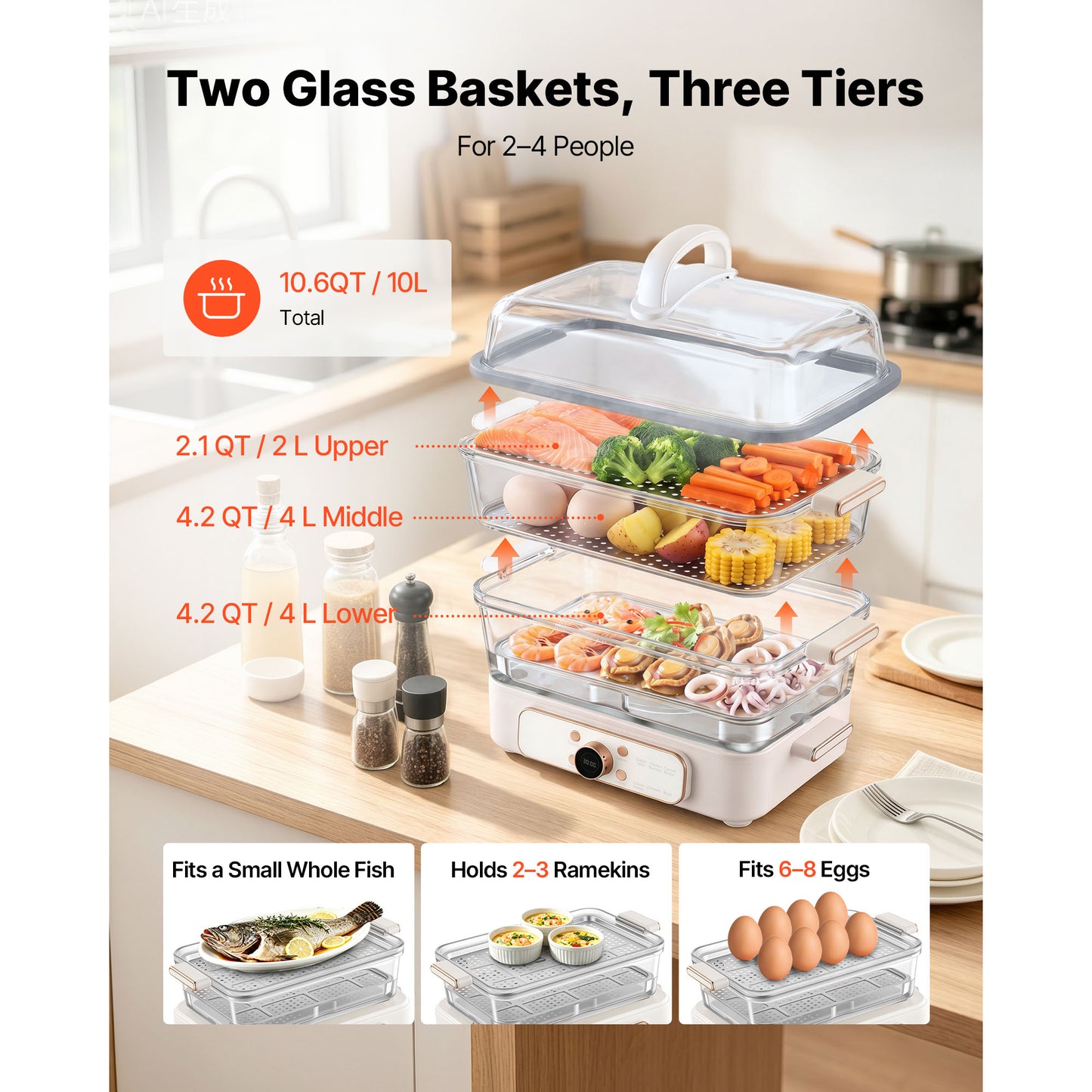 Electric Food Steamer 10.6 QT Glass & Stainless Steel Trays 1200W for Veggies Seafood Rice