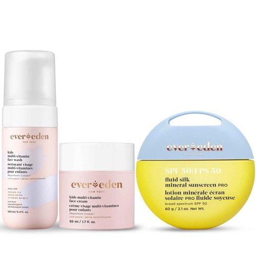 Evereden Kids Skincare & Sunscreen Essentials Set - Multi-Vitamin Face Wash, Face Cream & SPF 50 Mineral Sunscreen - Clean, Vegan, Non-Toxic Skincare for Kids 3+